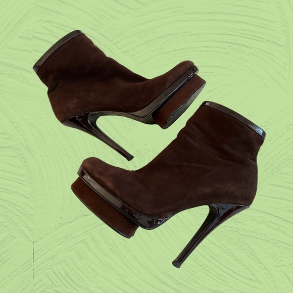Yves Saint Laurent ANKLE BOOTIES SHOES BROWN SUEDE PLATFORM HEELS 9 - Picture 4 of 7